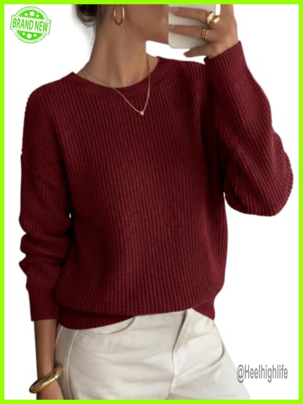 Chunky Ribbed Knit Crew Neck Pullover Sweater Long Sleeve